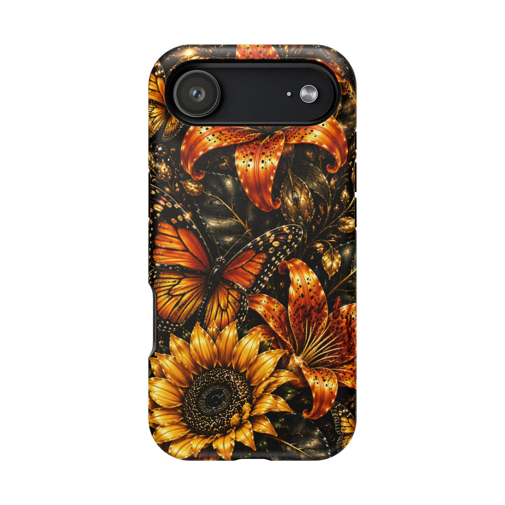 Floral Monarch Phone Case — Orange Sunflower & Butterfly Magnetic Impact-Resistant Case