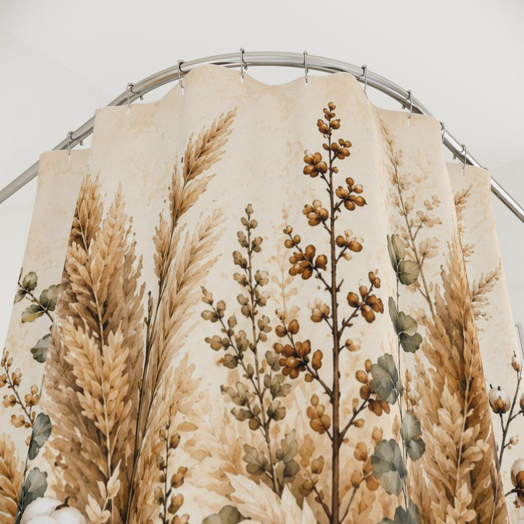 Autumn Harvest Shower Curtain | Pampas Grass & Pumpkin Botanical Print
