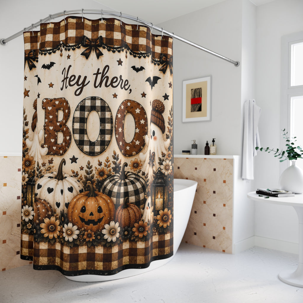 Hey There Boo Shower Curtain | Rustic Plaid Halloween Bathroom Decor