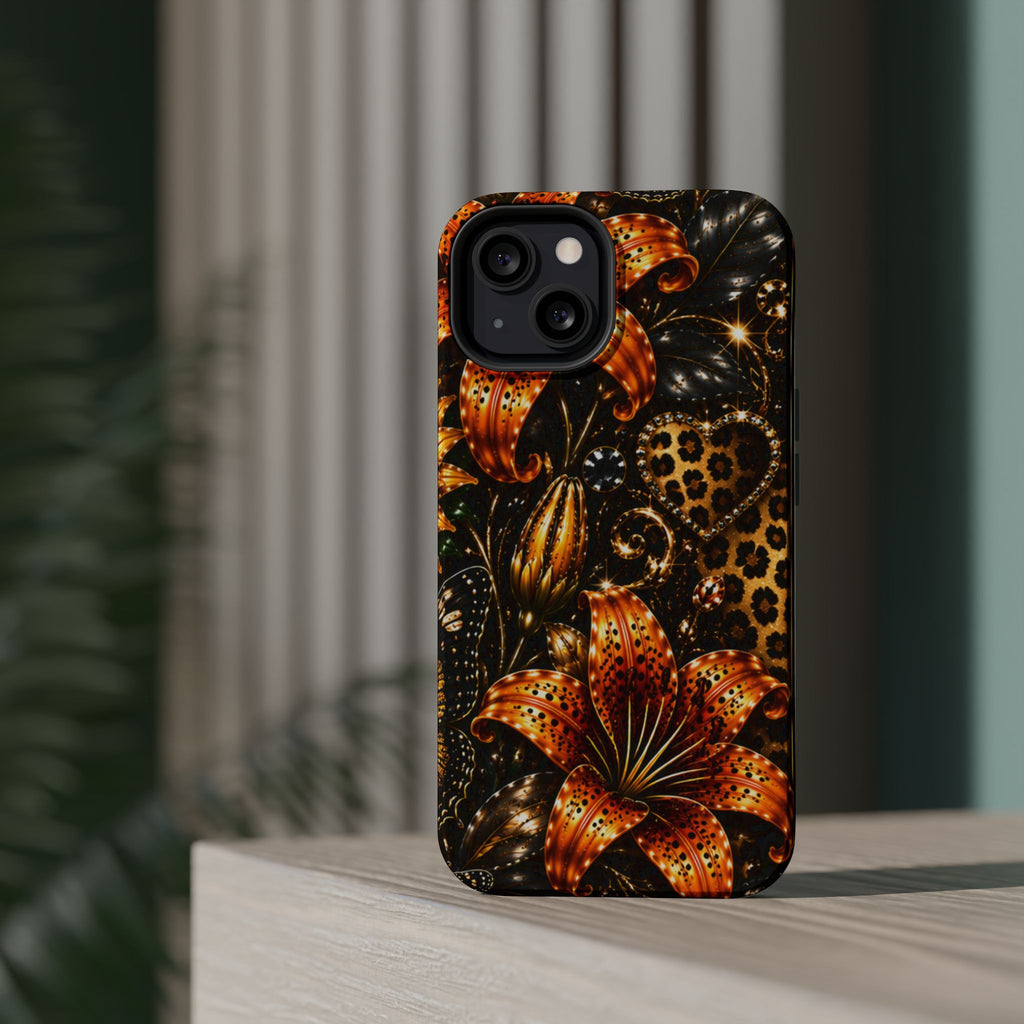 Floral Leopard Phone Case — Orange Lily Magnetic Impact-Resistant