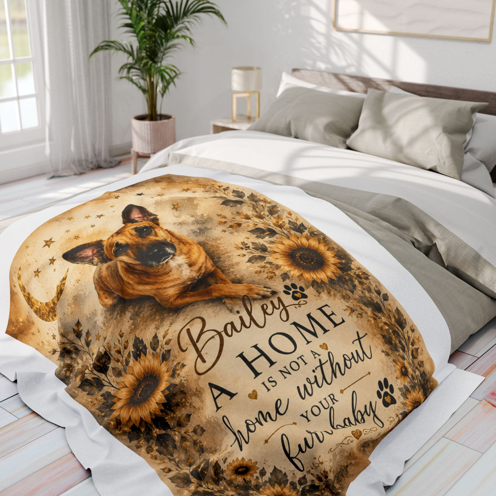 Personalized Dog Fleece Blanket — “A Home Is Not a Home Without Your Furr Baby” (Sunflower German Shepherd/Boxer))