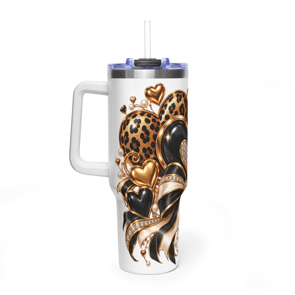 Luxury Hearts & Bows 40oz Tumbler | Black, Gold & Leopard Print Travel Cup