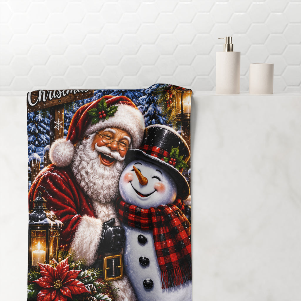 Merry Christmas Santa & Snowman Bath Towel | Holiday Bathroom Decor