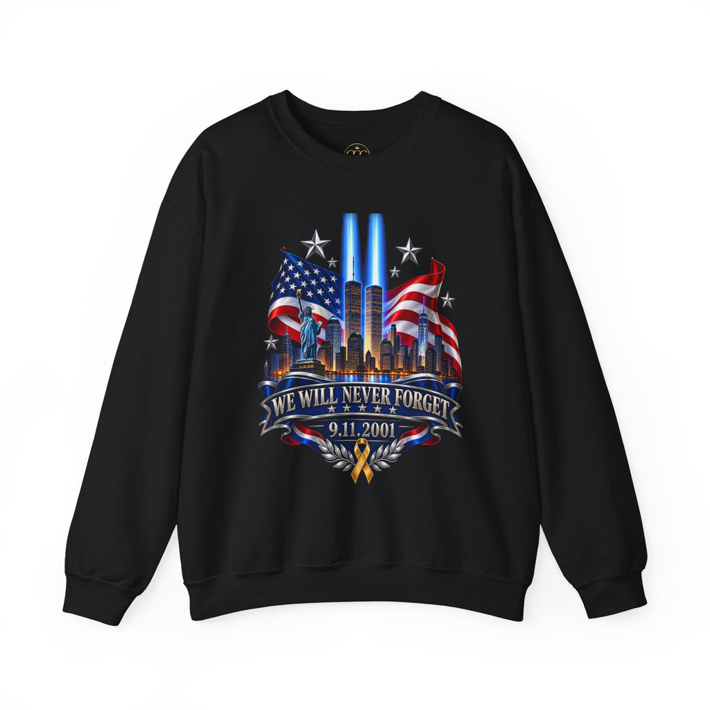 9/11 Memorial Crewneck Sweatshirt — “We Will Never Forget” Tribute