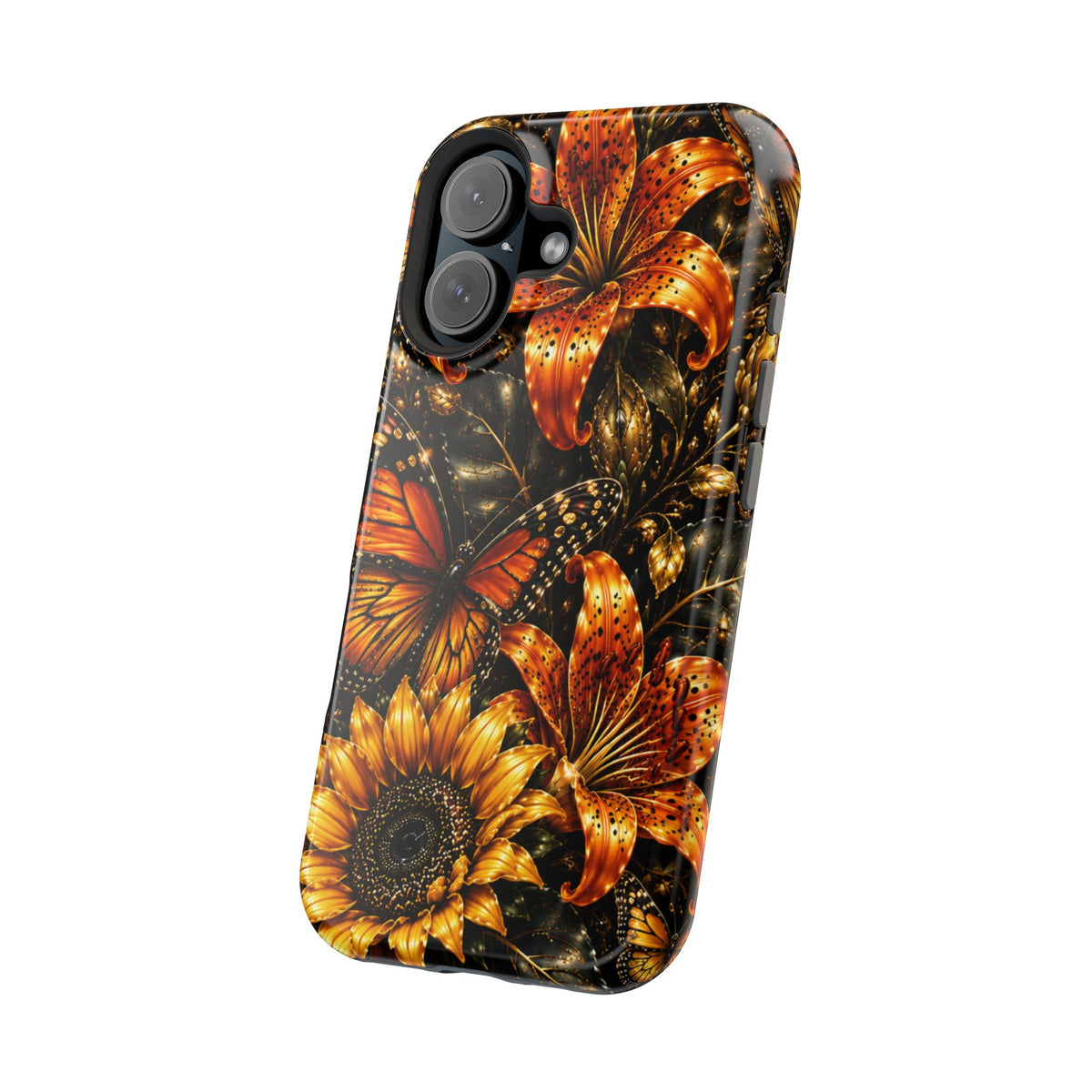Floral Monarch Phone Case — Orange Sunflower & Butterfly Magnetic Impact-Resistant Case