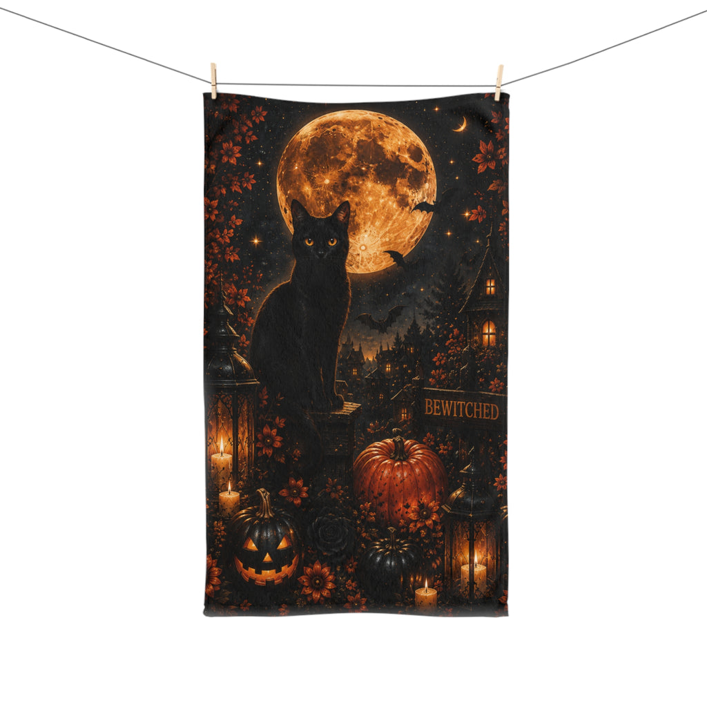 Midnight Halloween Hand Towel | Black Cat Full Moon Gothic Bath Decor