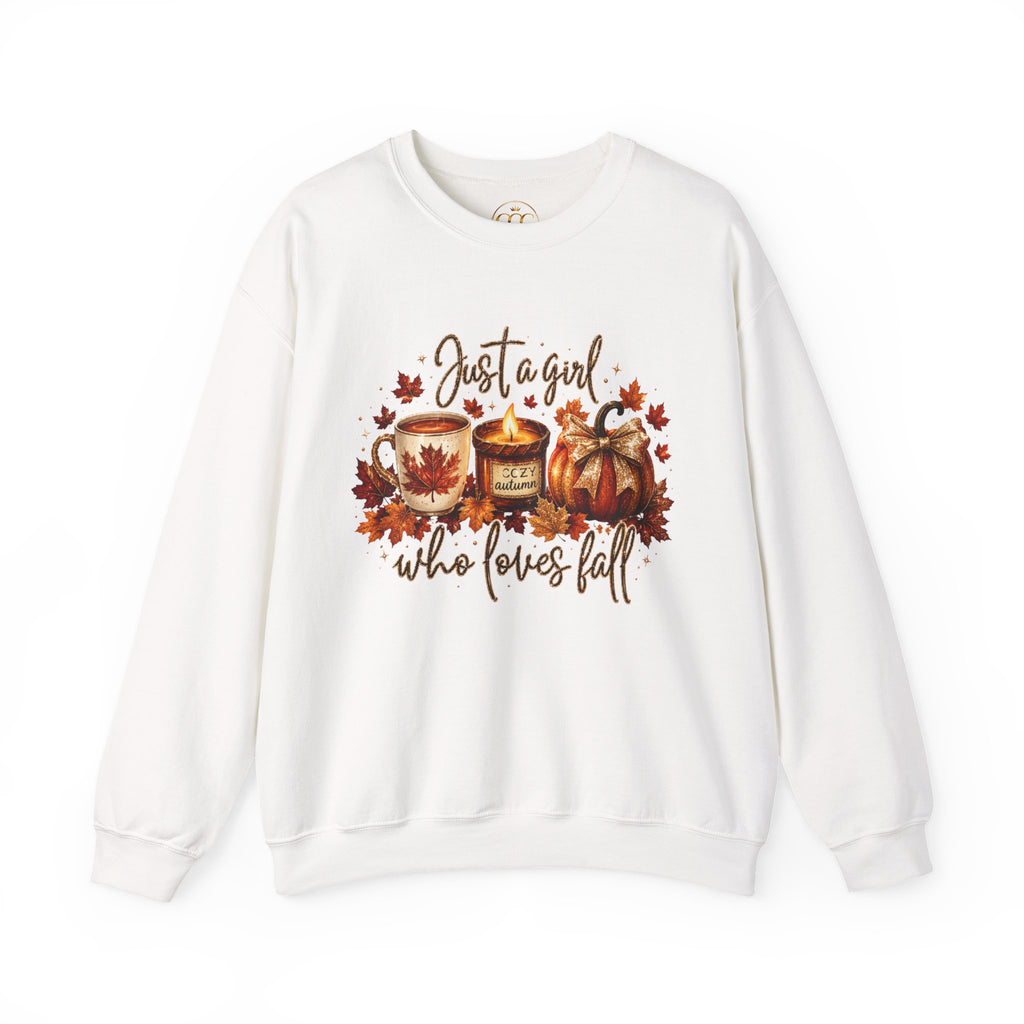 Fall Cozy Sweatshirt — "Just a Girl Who Loves Fall" Autumn Candle & Pumpkin Crewneck