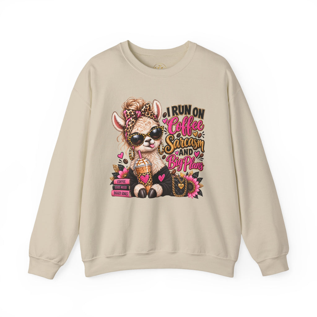 I Run on Coffee, Sarcasm & Big Plans Sweatshirt – Funny Coffee Llama Crewneck