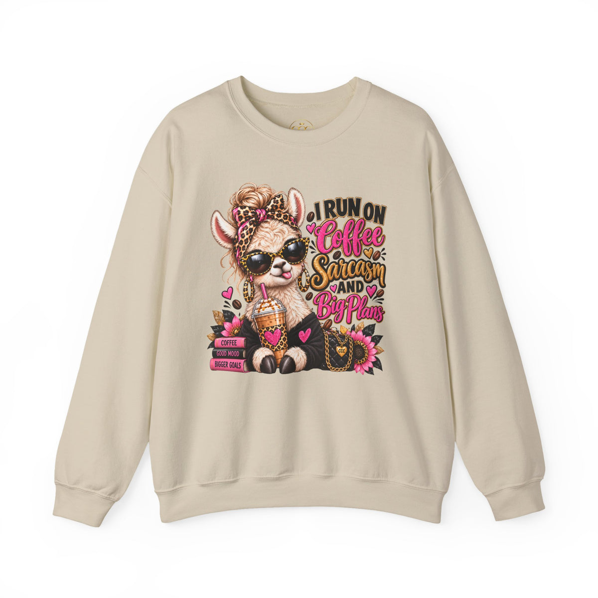 I Run on Coffee, Sarcasm & Big Plans Sweatshirt – Funny Coffee Llama Crewneck