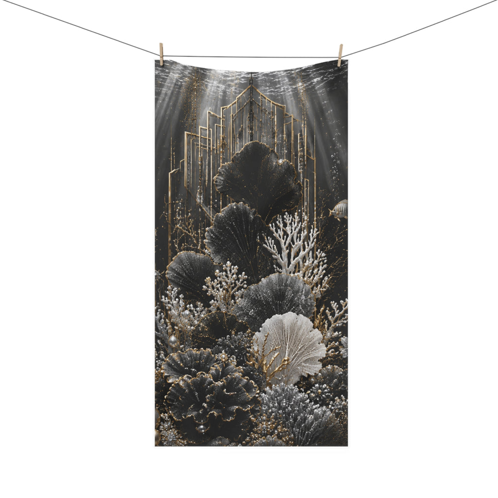 Bath Towel — Luxe Underwater Coral Design in Black & Gold