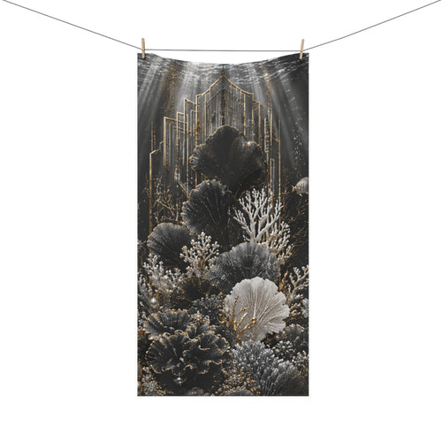 Bath Towel — Luxe Underwater Coral Design in Black & Gold