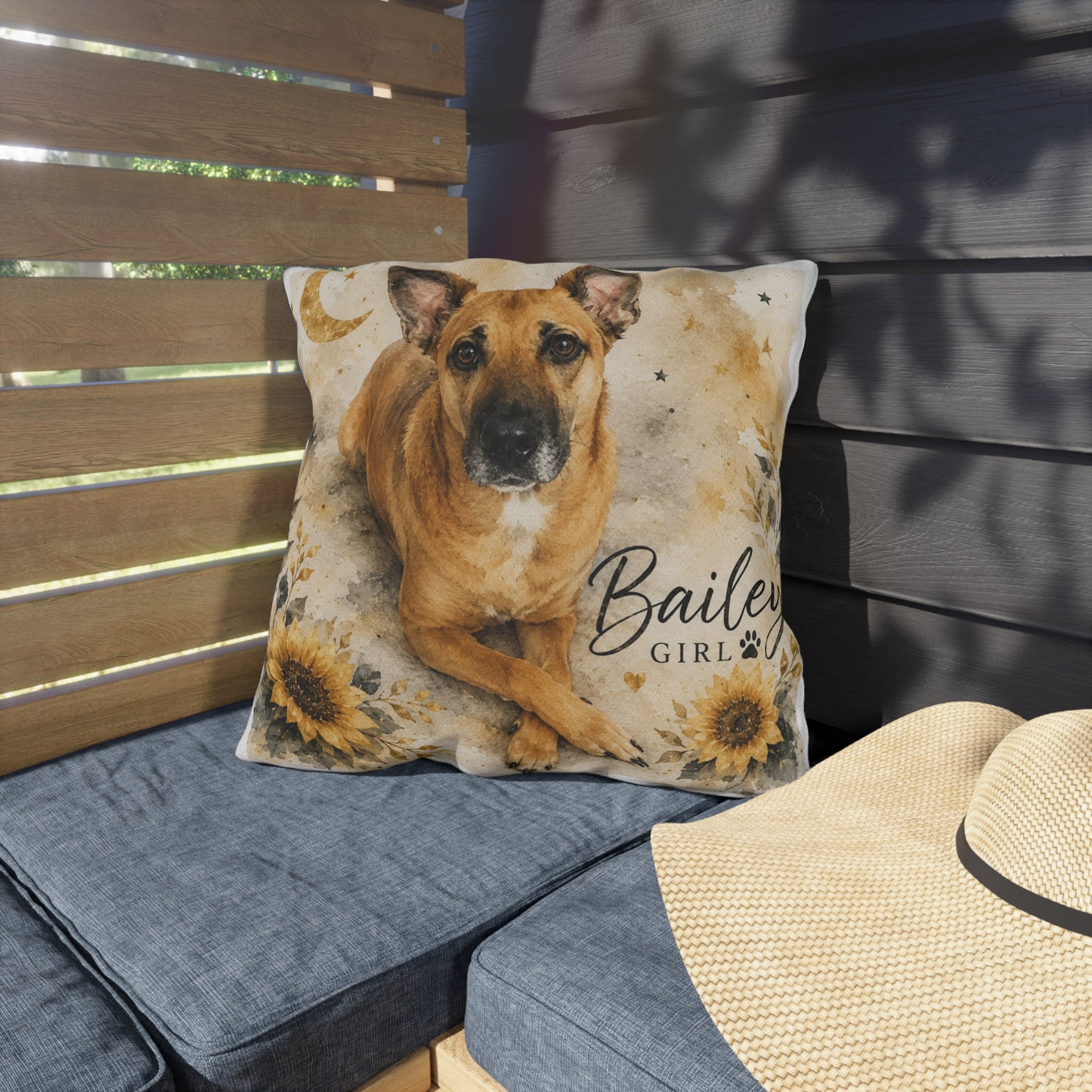Personalized Dog Photo Outdoor Pillow — 'Bailey Girl' Sunflower Moon Accent