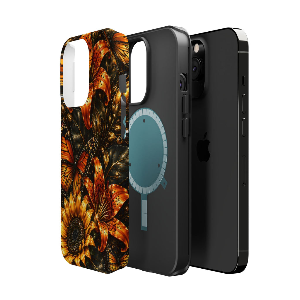 Floral Monarch Phone Case — Orange Sunflower & Butterfly Magnetic Impact-Resistant Case