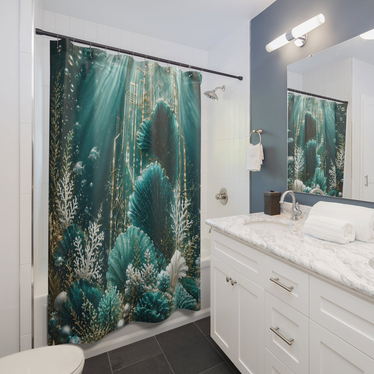 Shower Curtain — Underwater Art Deco Seashell Ocean Bathroom Decor