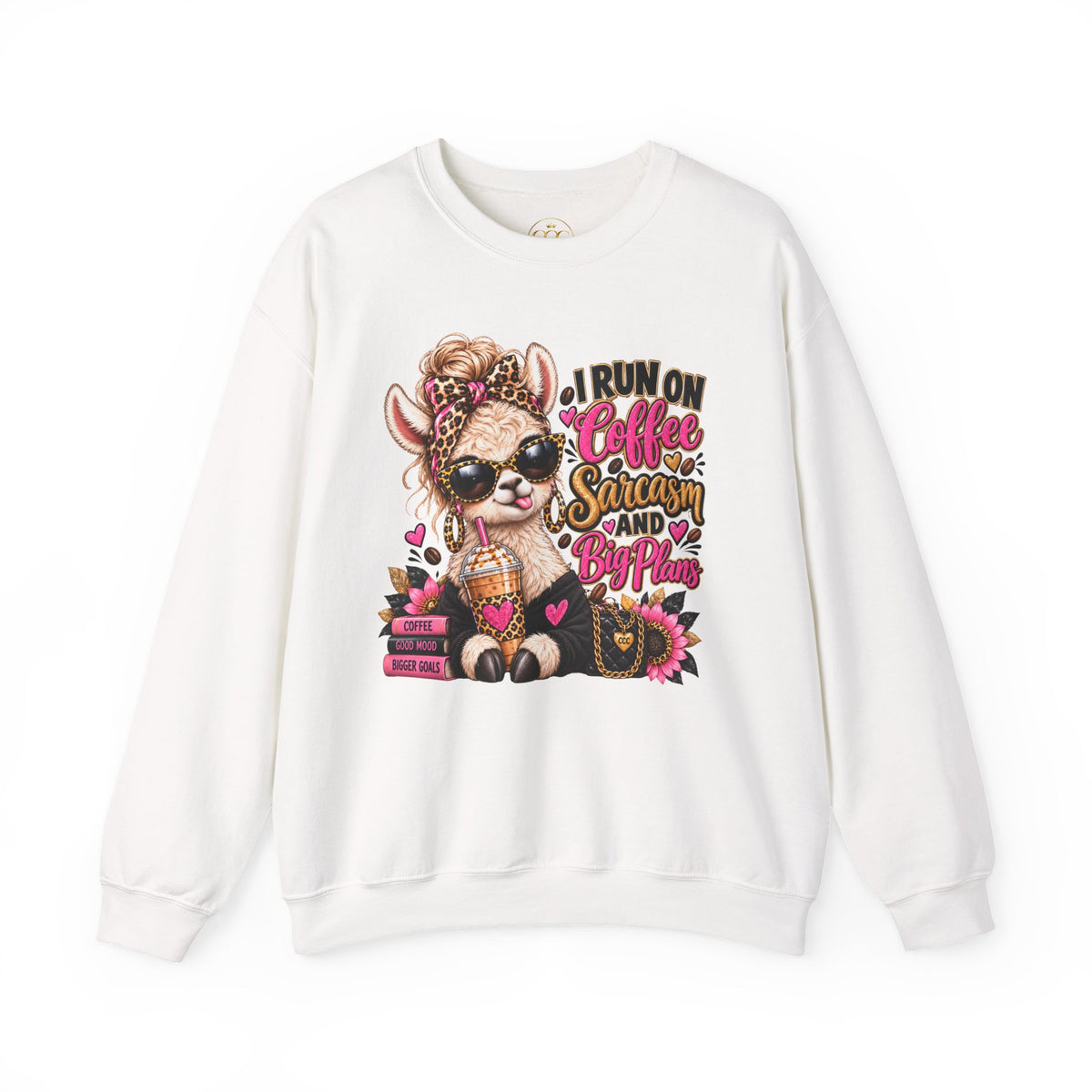 I Run on Coffee, Sarcasm & Big Plans Sweatshirt – Funny Coffee Llama Crewneck