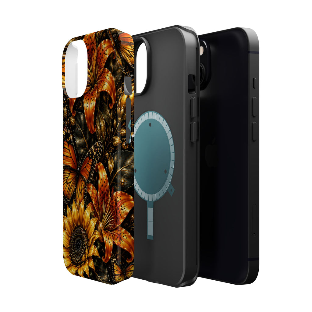 Floral Monarch Phone Case — Orange Sunflower & Butterfly Magnetic Impact-Resistant Case