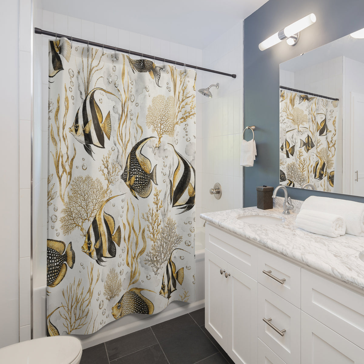 Tropical Angelfish Shower Curtain — Gold & Black Coastal Bathroom Decor