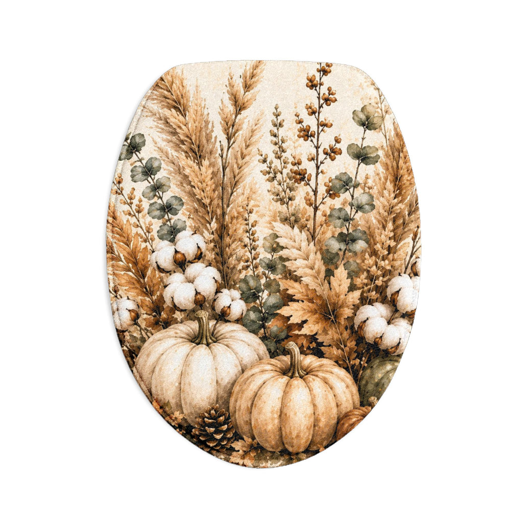 Autumn Harvest Toilet Lid Cover & Bath Mat Set | Pampas Grass Pumpkin Botanical Bathroom Decor
