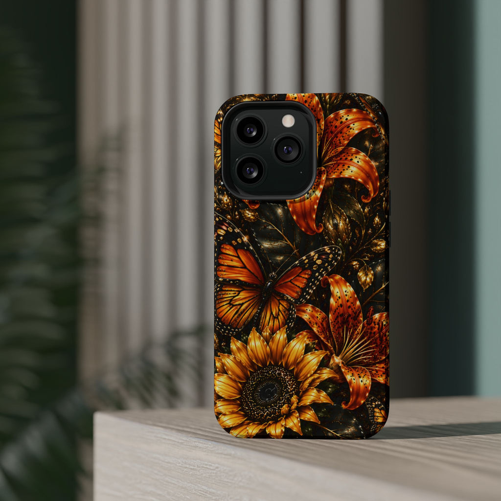 Floral Monarch Phone Case — Orange Sunflower & Butterfly Magnetic Impact-Resistant Case