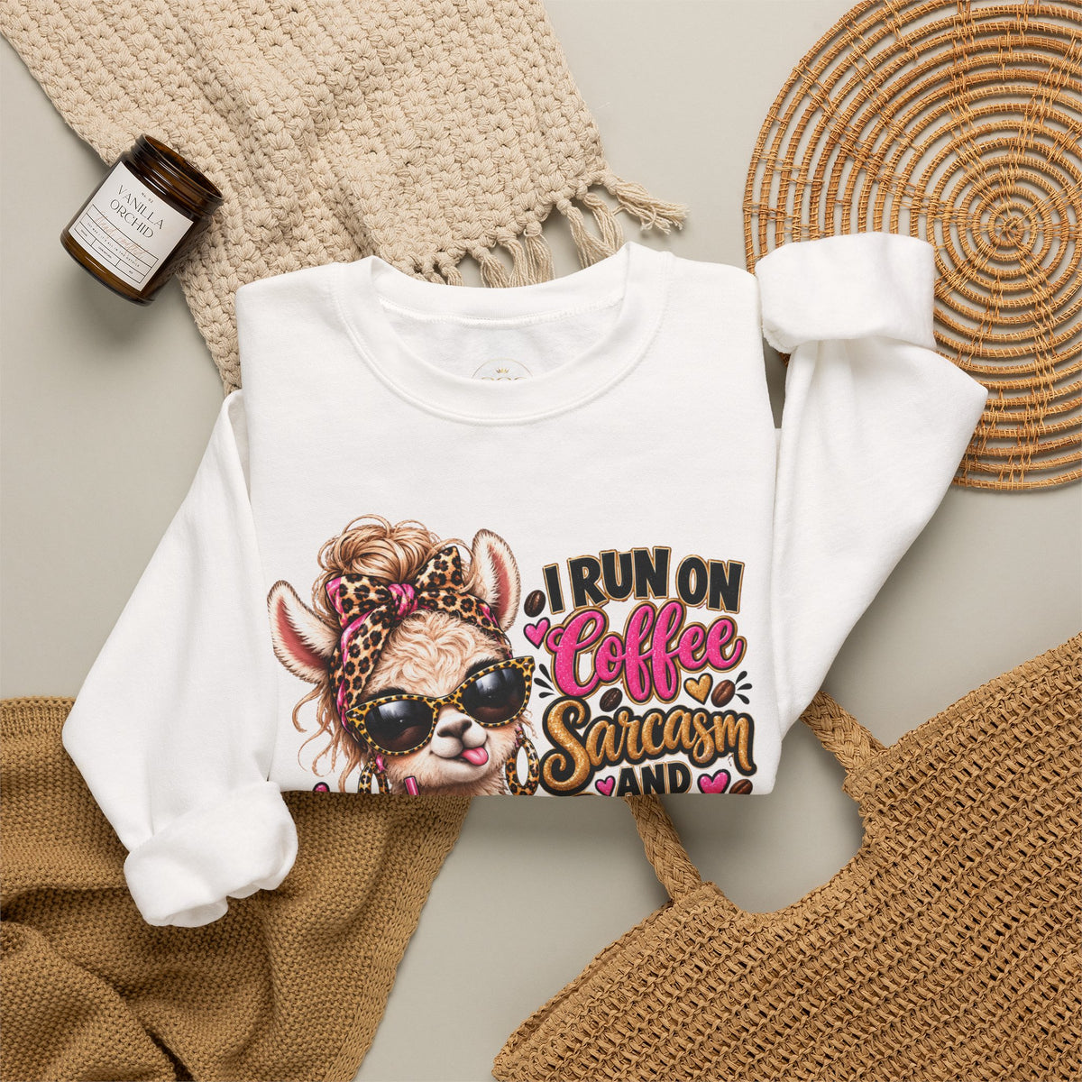 I Run on Coffee, Sarcasm & Big Plans Sweatshirt – Funny Coffee Llama Crewneck