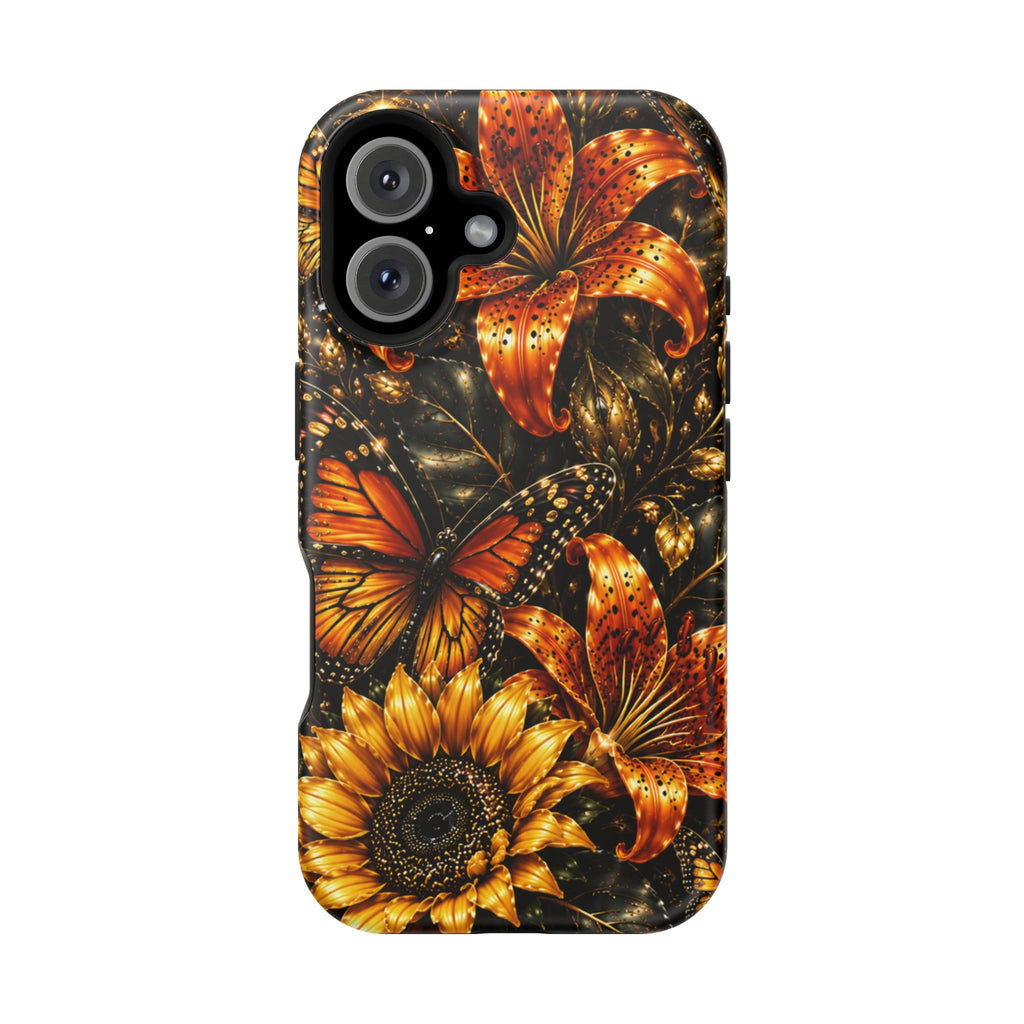 Floral Monarch Phone Case — Orange Sunflower & Butterfly Magnetic Impact-Resistant Case
