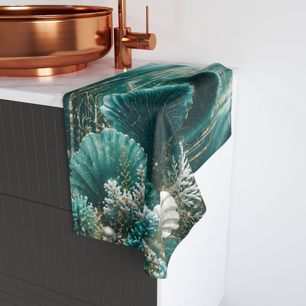 Teal Coral Reef Hand Towel — Ocean Seashell Coastal Bathroom Décor