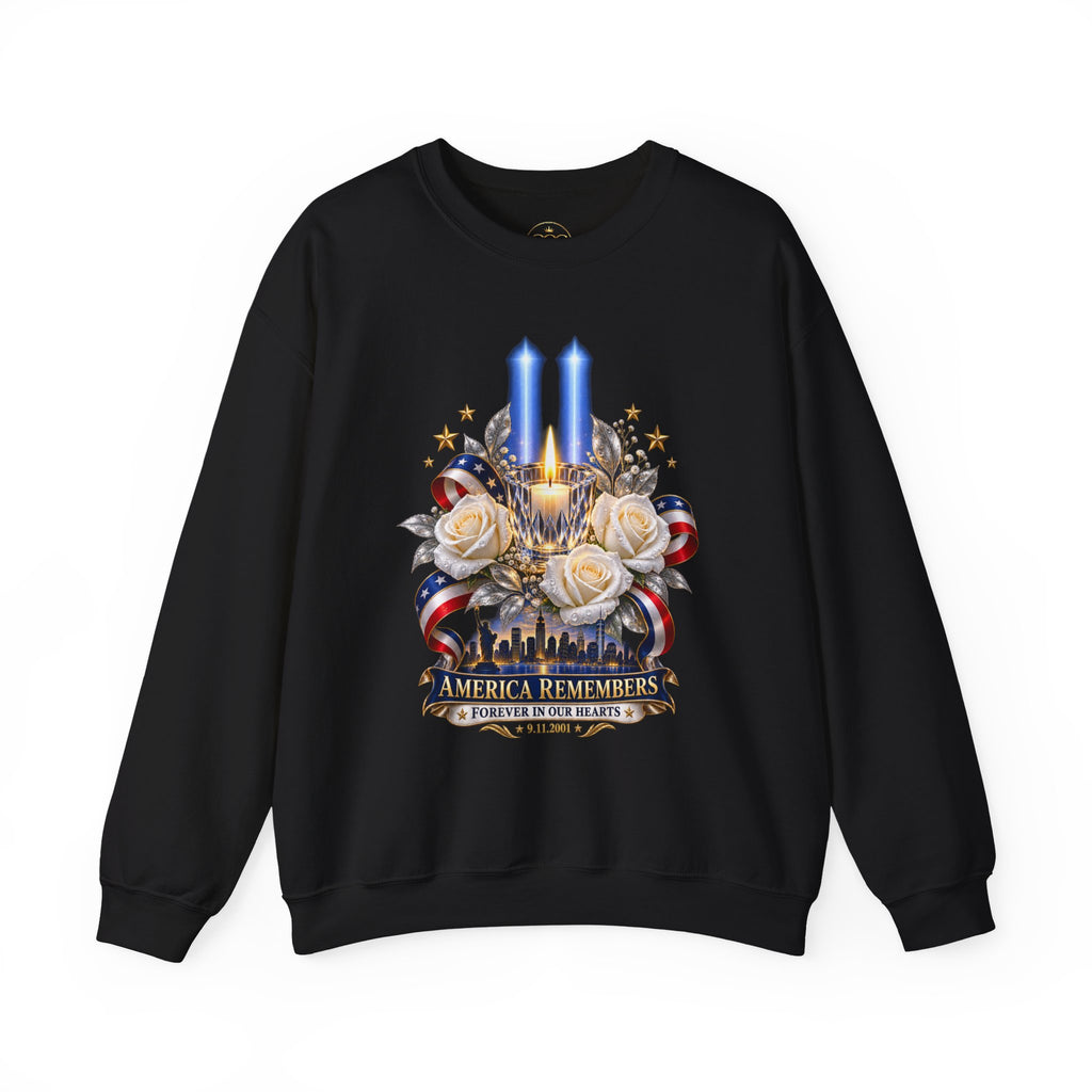 Womens — "America Remembers" 9/11 Tribute Design with Twin Beams & White Roses