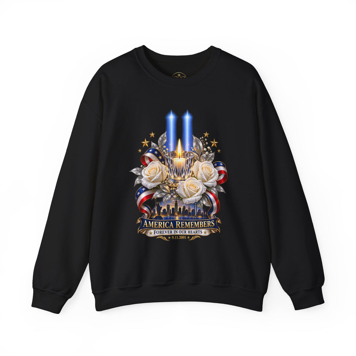Womens — "America Remembers" 9/11 Tribute Design with Twin Beams & White Roses