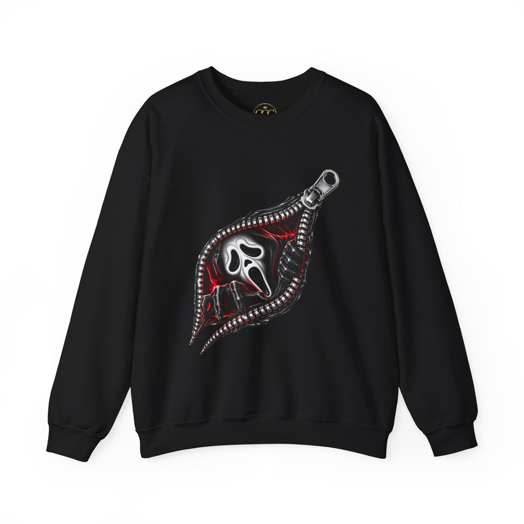 Zip-Open Horror Mask Sweatshirt — Scream-Inspired Graphic Crewneck