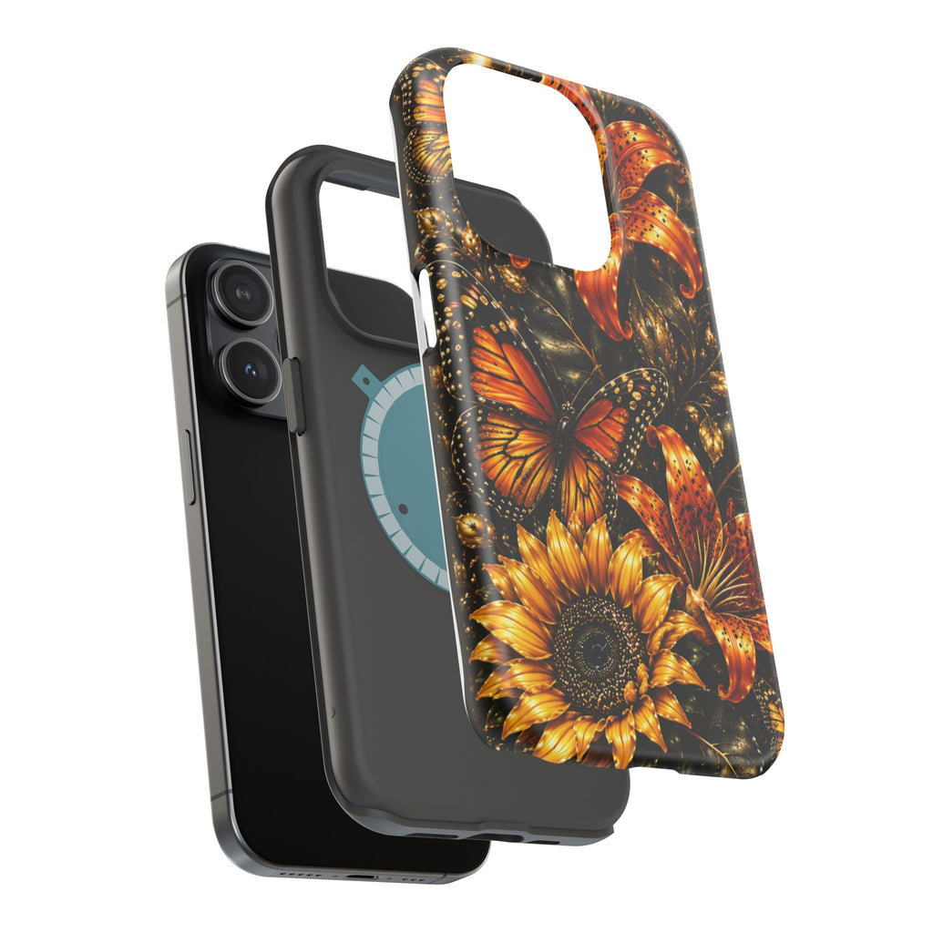 Floral Monarch Phone Case — Orange Sunflower & Butterfly Magnetic Impact-Resistant Case