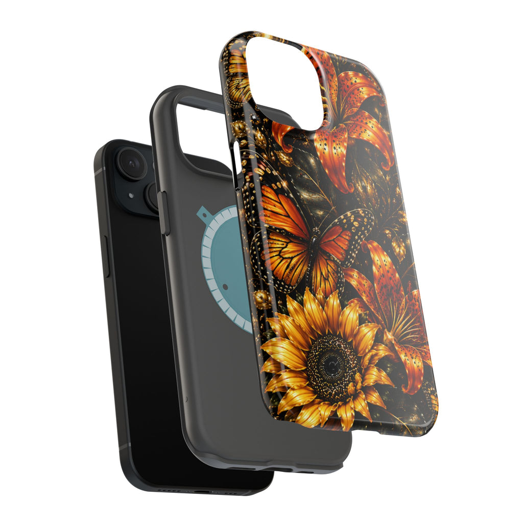 Floral Monarch Phone Case — Orange Sunflower & Butterfly Magnetic Impact-Resistant Case