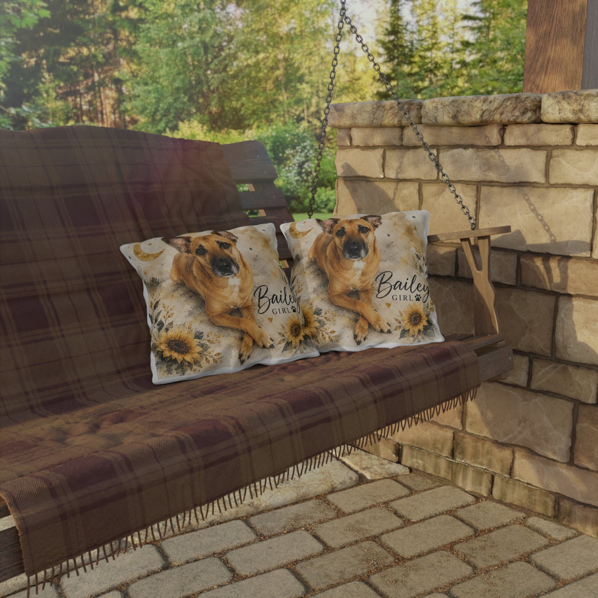 Personalized Dog Photo Outdoor Pillow — 'Bailey Girl' Sunflower Moon Accent