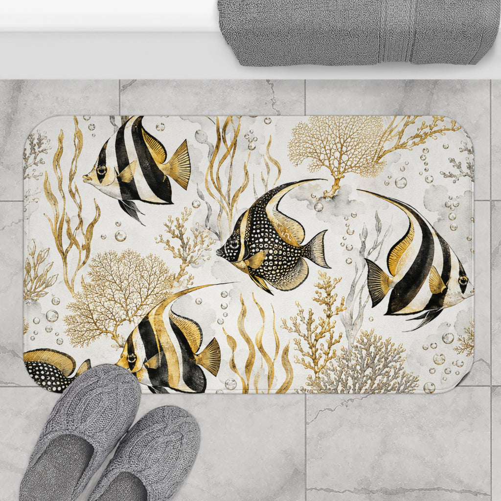 Tropical Angelfish Bath Mat – Gold & Black Coastal Bathroom Rug