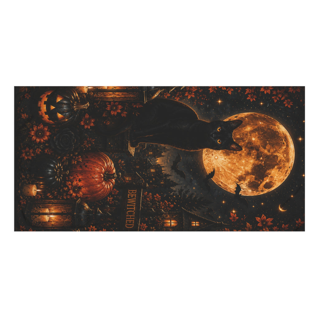 Midnight Halloween Bath Towel | Black Cat Full Moon Gothic Bath Decor