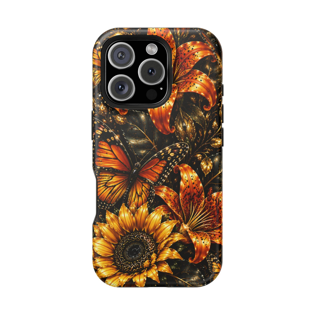 Floral Monarch Phone Case — Orange Sunflower & Butterfly Magnetic Impact-Resistant Case
