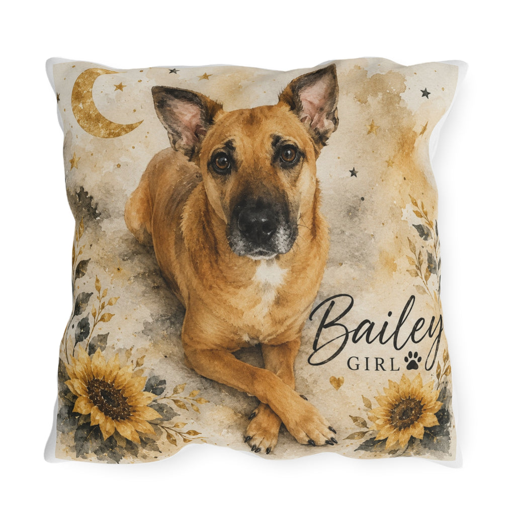 Personalized Dog Photo Outdoor Pillow — 'Bailey Girl' Sunflower Moon Accent