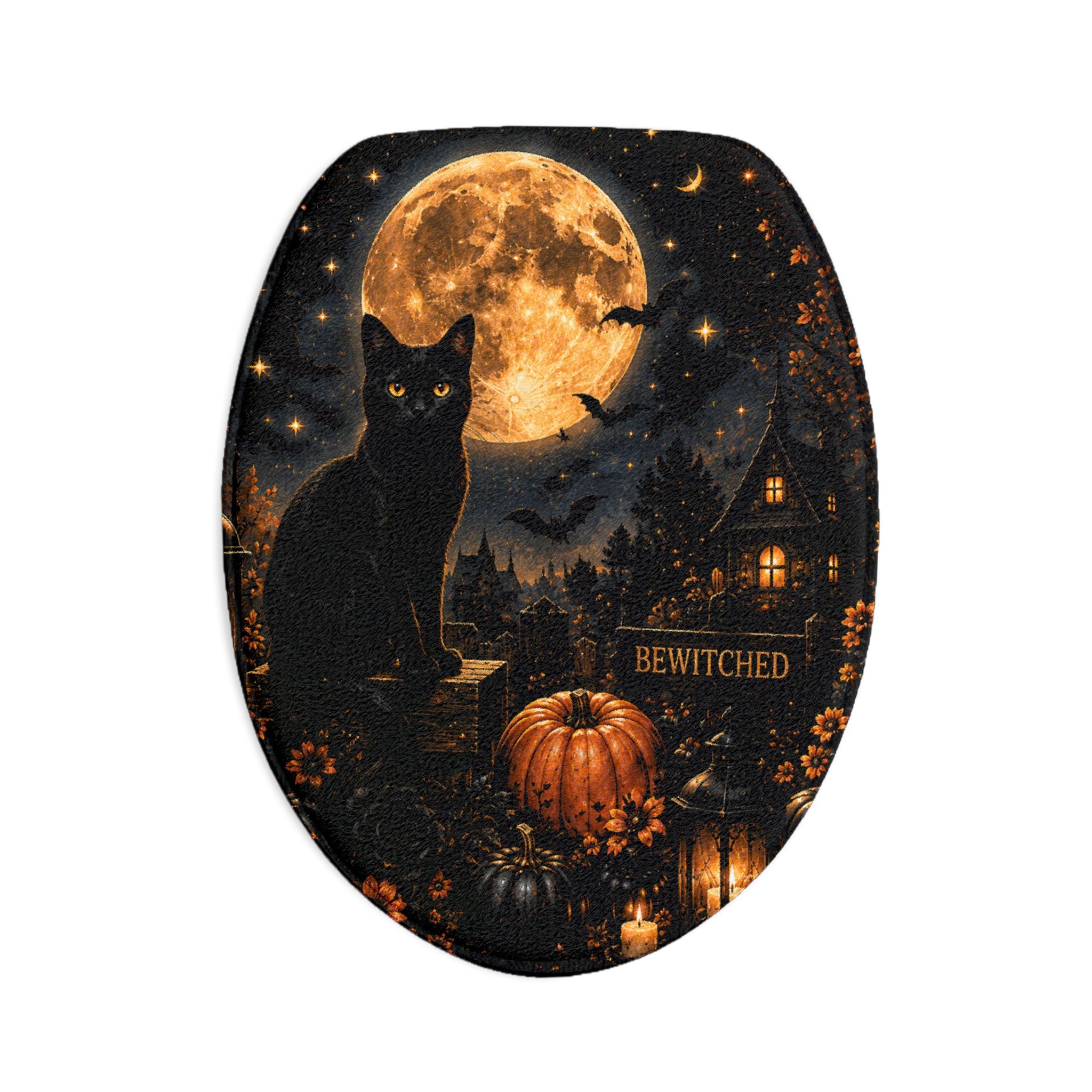 Midnight Halloween 3-Piece Bathroom Set | Black Cat Full Moon Gothic Bath Decor