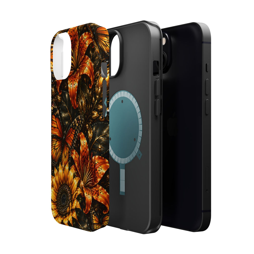 Floral Monarch Phone Case — Orange Sunflower & Butterfly Magnetic Impact-Resistant Case