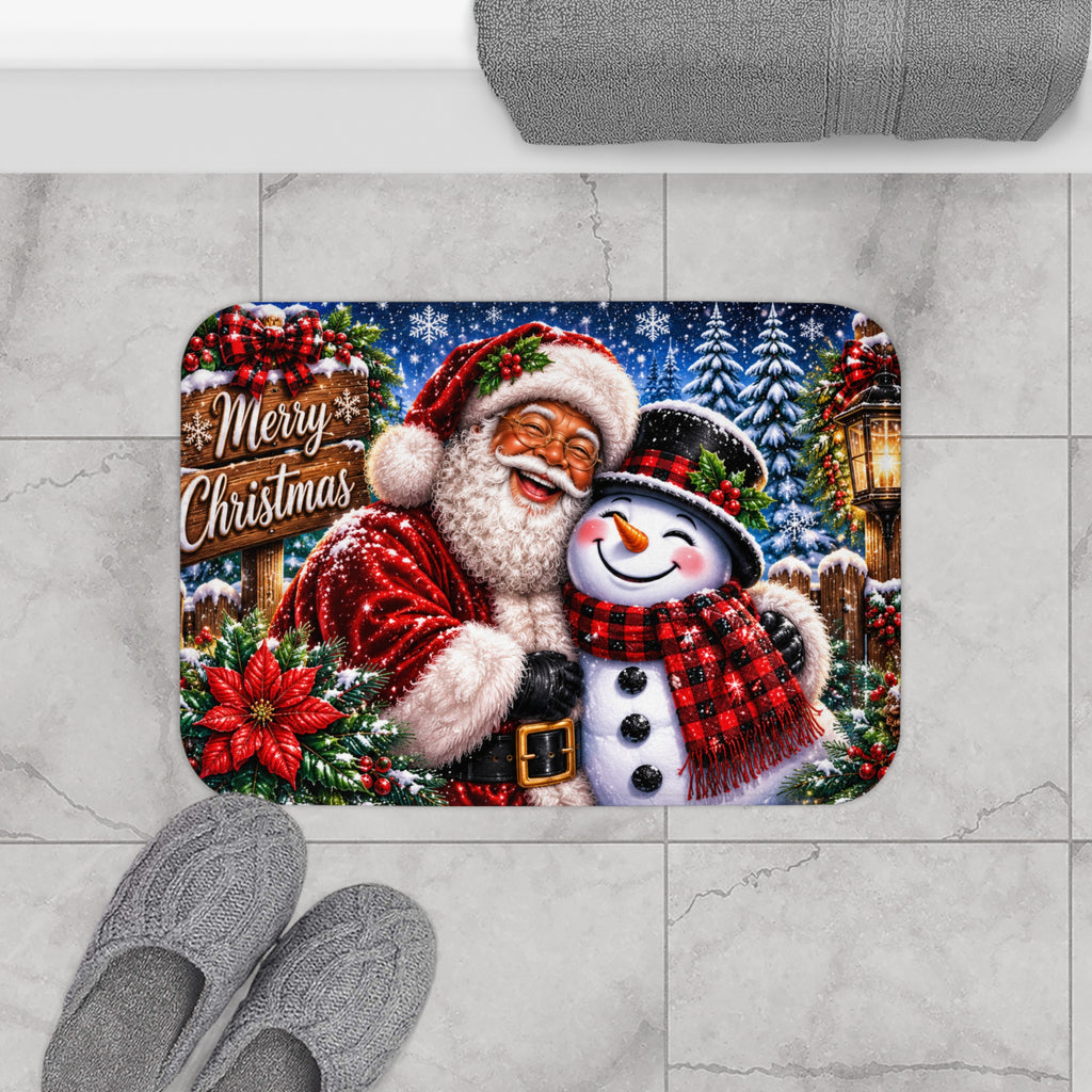 Merry Christmas Santa & Snowman Bath Mat | Holiday Home Decor
