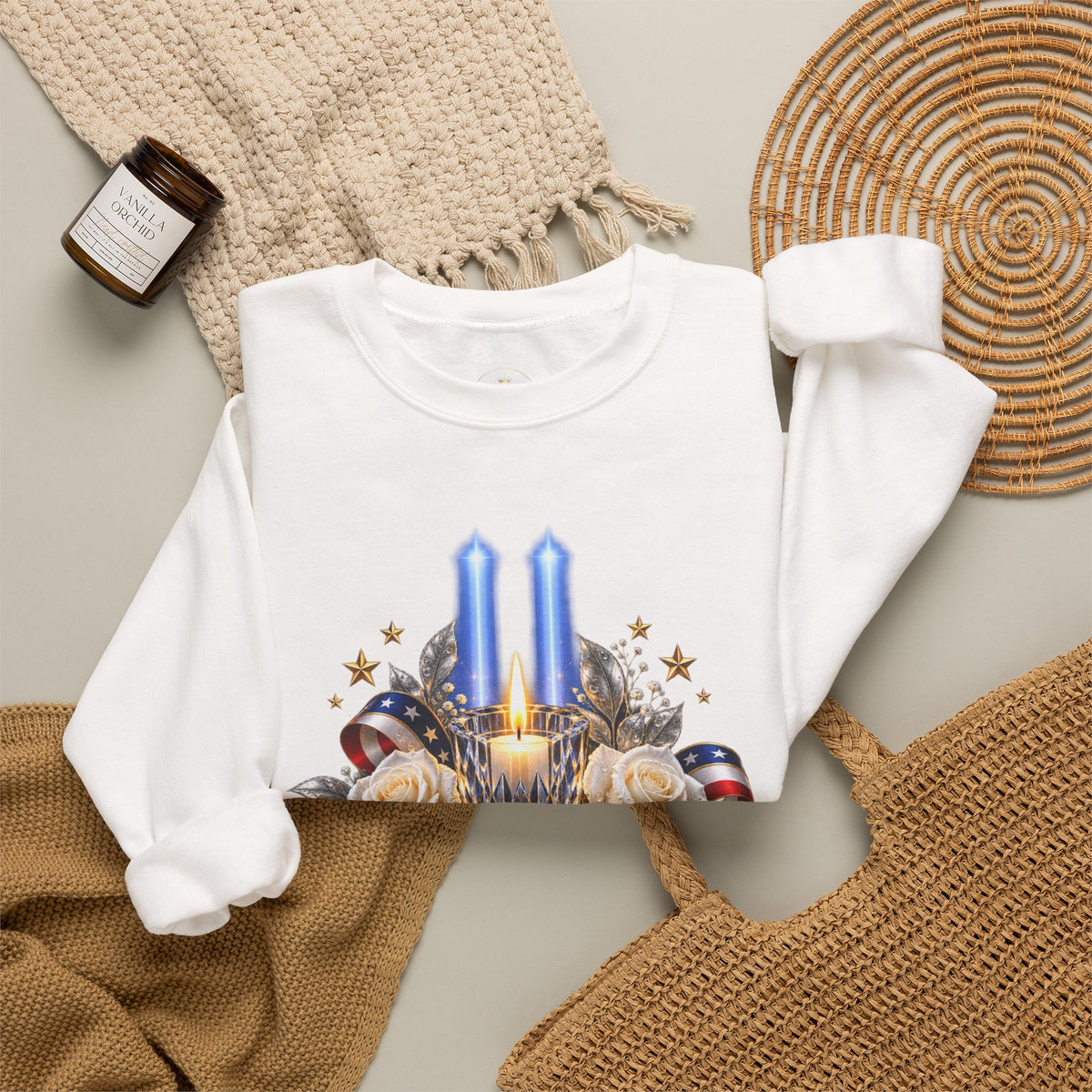 Womens — "America Remembers" 9/11 Tribute Design with Twin Beams & White Roses