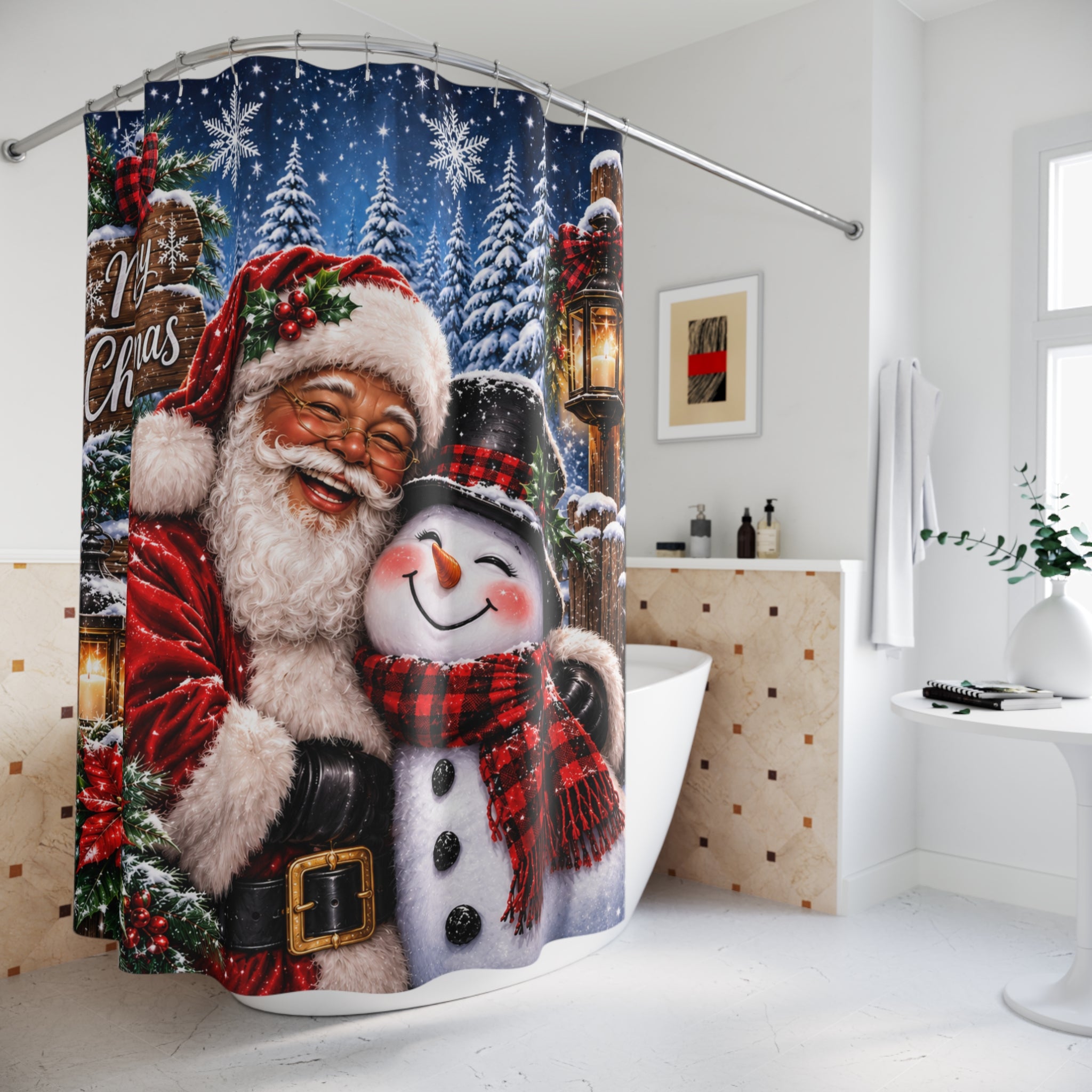 Merry Christmas Santa & Snowman Shower Curtain | Holiday Bathroom Decor