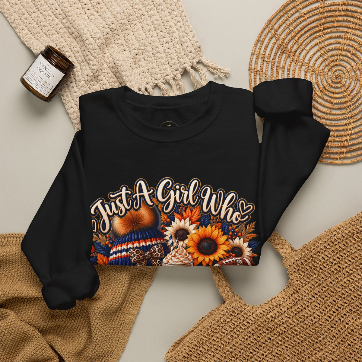 Crewneck Sweatshirt — "Just A Girl Who Loves Fall" Pumpkin & Sunflower Autumn Graphic