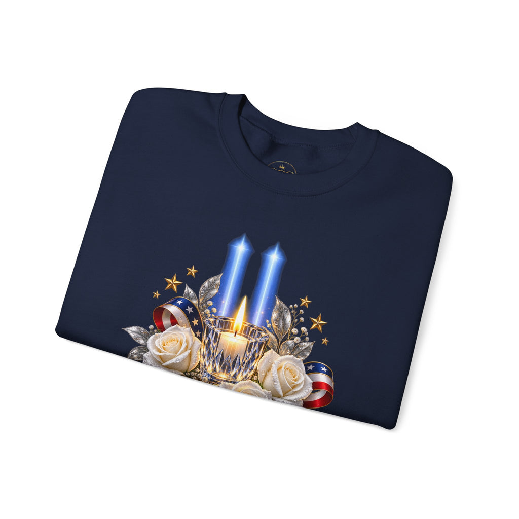Womens — "America Remembers" 9/11 Tribute Design with Twin Beams & White Roses