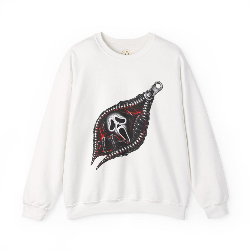 Zip-Open Horror Mask Sweatshirt — Scream-Inspired Graphic Crewneck