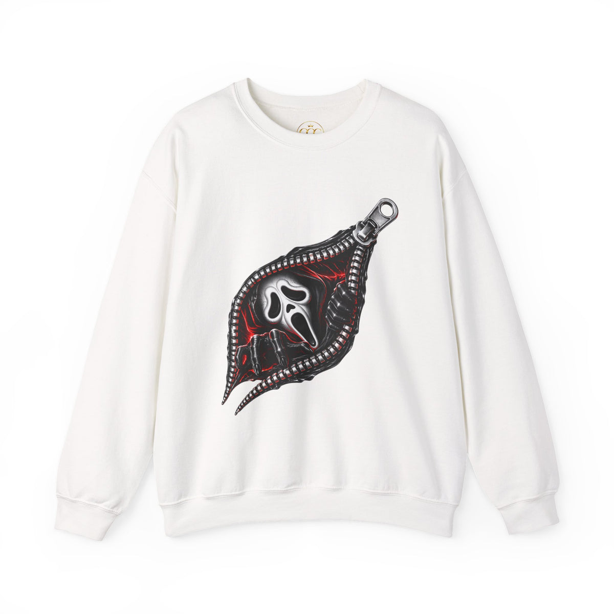 Zip-Open Horror Mask Sweatshirt — Scream-Inspired Graphic Crewneck