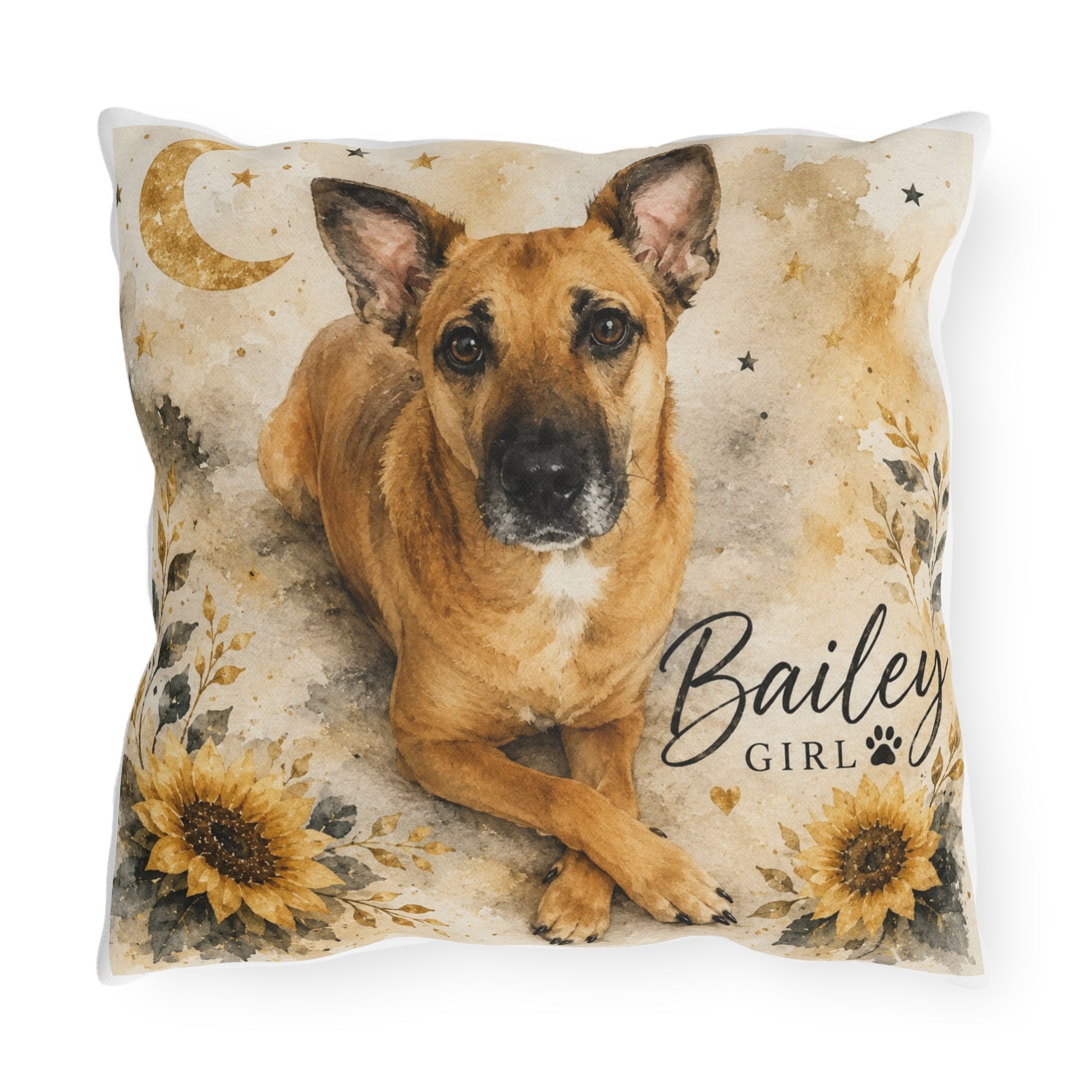 Personalized Dog Photo Outdoor Pillow — 'Bailey Girl' Sunflower Moon Accent