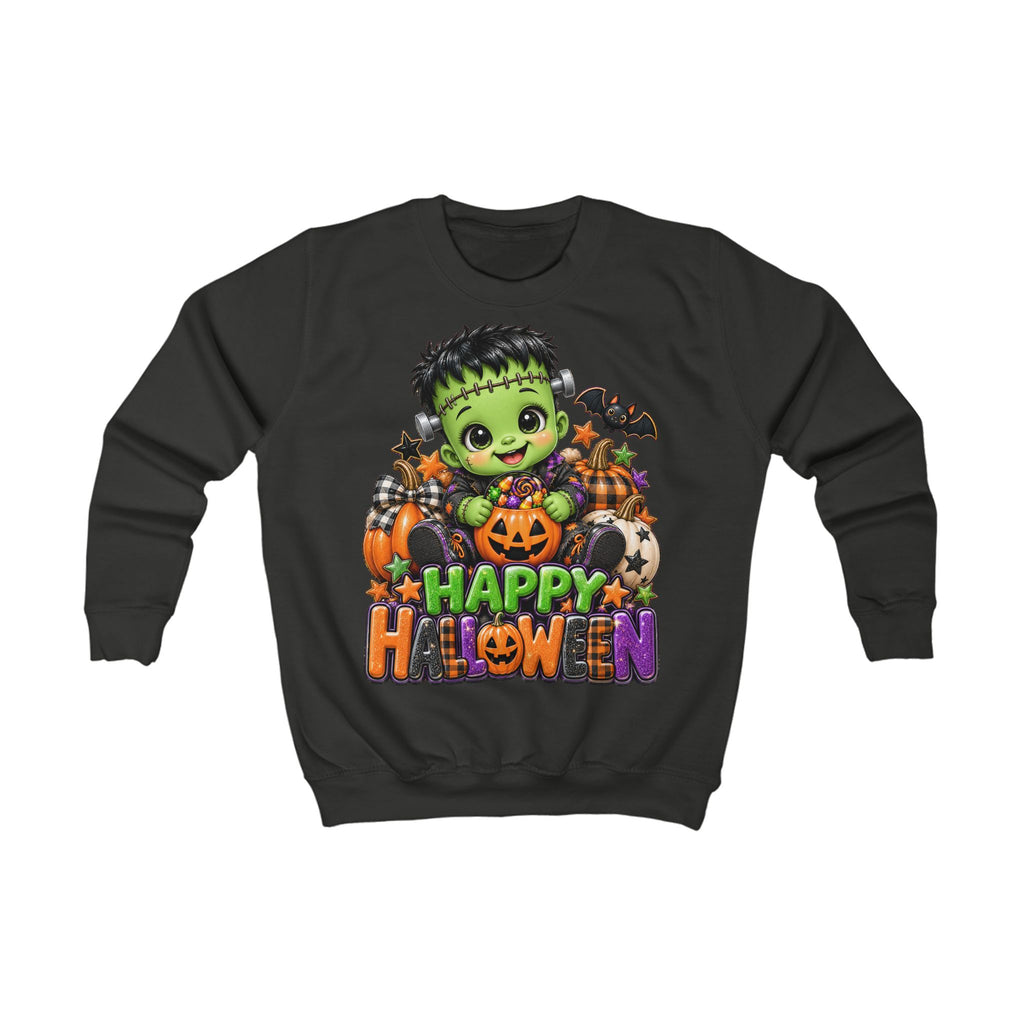 Happy Halloween Kids Sweatshirt | Cute Frankenstein Pumpkin Graphic