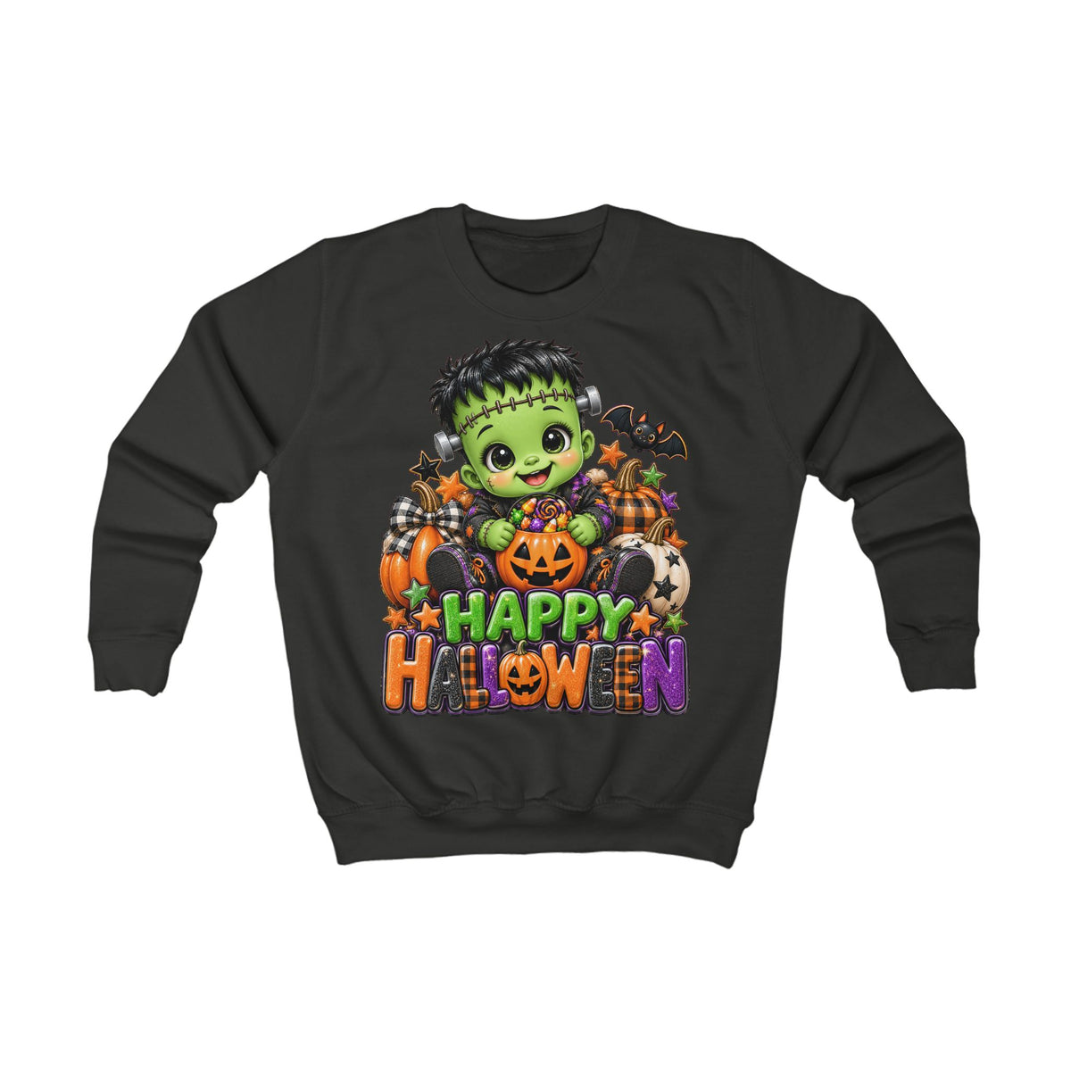 Happy Halloween Kids Sweatshirt | Cute Frankenstein Pumpkin Graphic