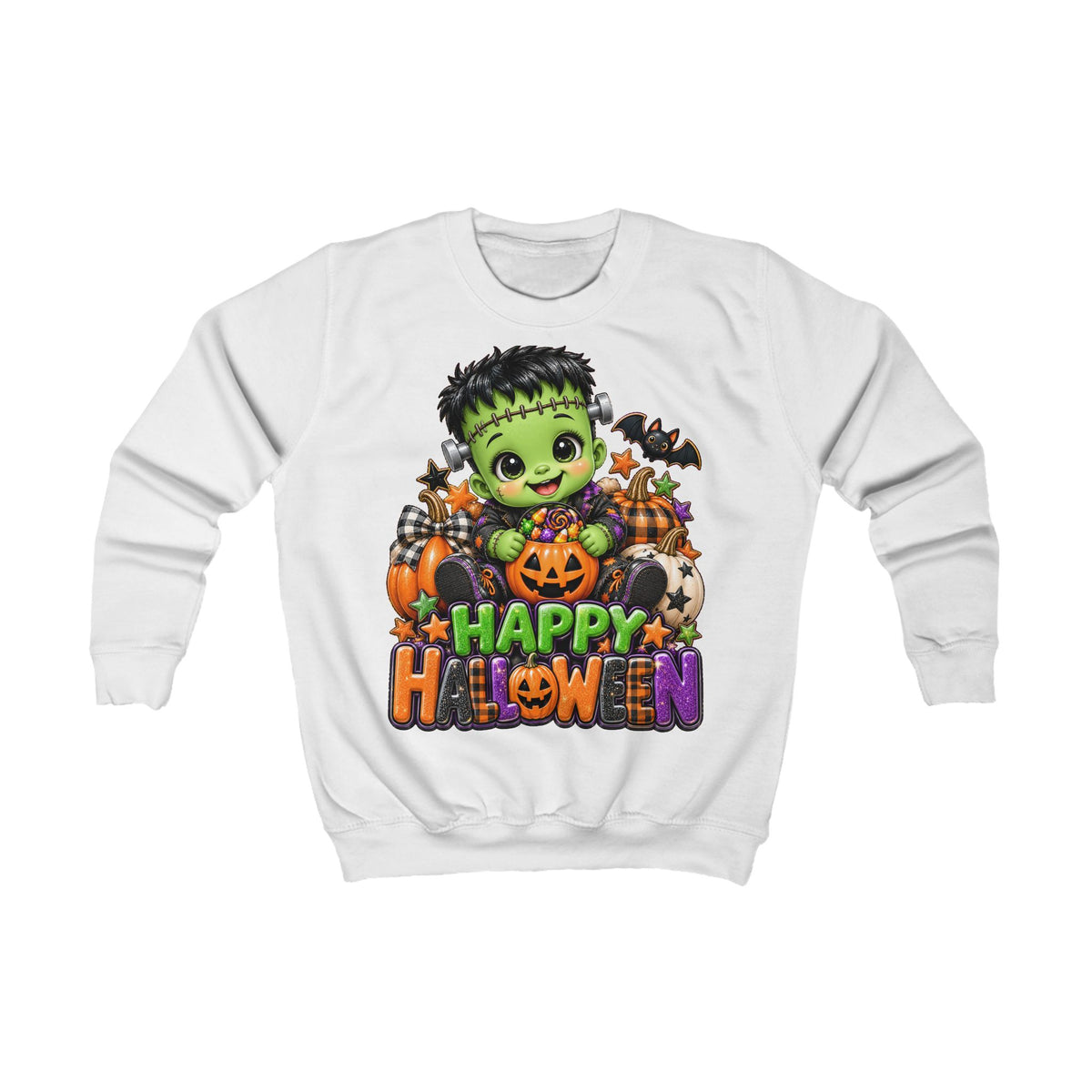 Happy Halloween Kids Sweatshirt | Cute Frankenstein Pumpkin Graphic