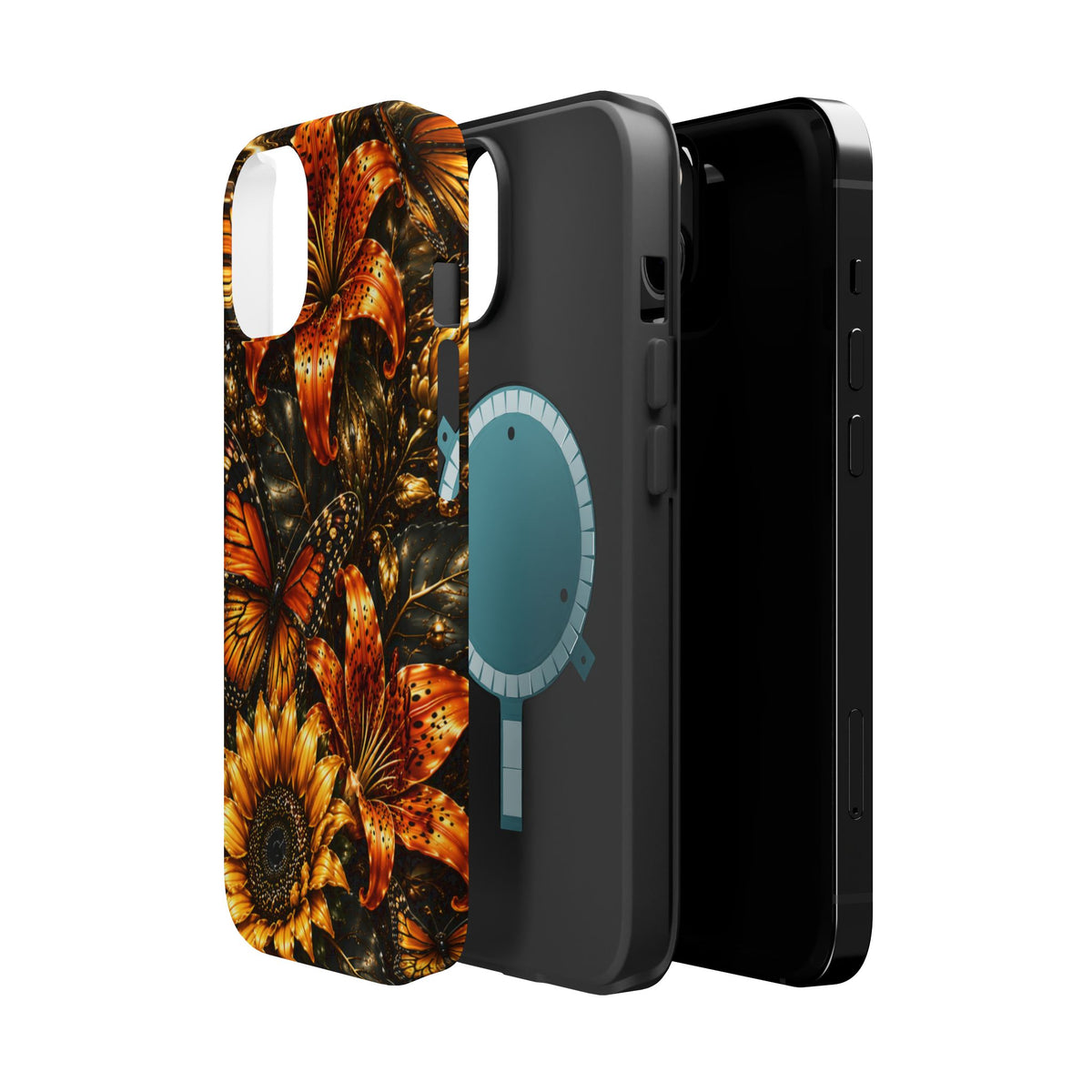 Floral Monarch Phone Case — Orange Sunflower & Butterfly Magnetic Impact-Resistant Case